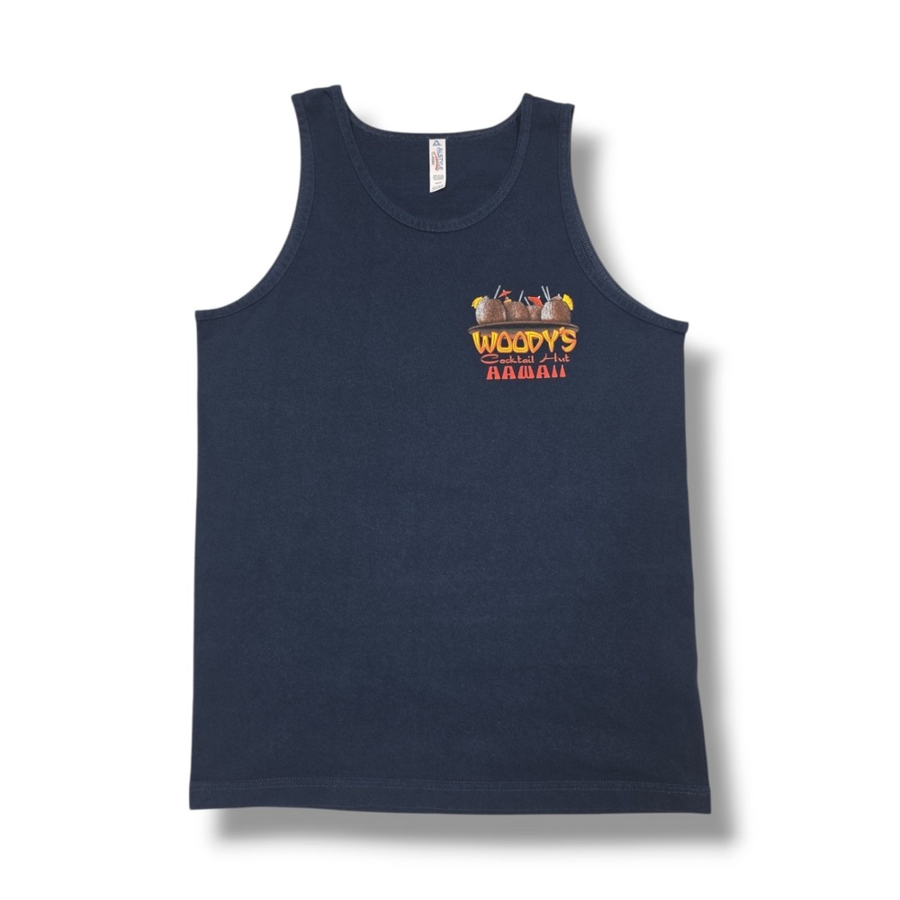 VTG Woody's Cocktail Hut Hawaii Bust A Nut At The Hut Y2K Black Tank Top Men's M